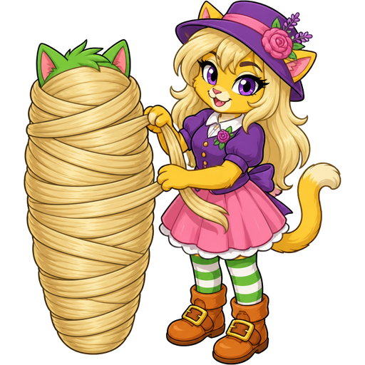 1 green boy cat furry getting wrapped up by furry yellow cat anthro with purple eyes light blonde hair purple and pink florist hat and purple florist outfit green and white socks orange boots with buckles pink skirt with light blonde hair 2 light blonde hair cocoon shaped like green boy cat furry completely covered with light blonde hair cocoon like mummy next to furry yellow cat anthro with purple eyes light blonde hair purple and pink florist hat and purple florist outfit green and white socks orange boots with buckles pink skirt