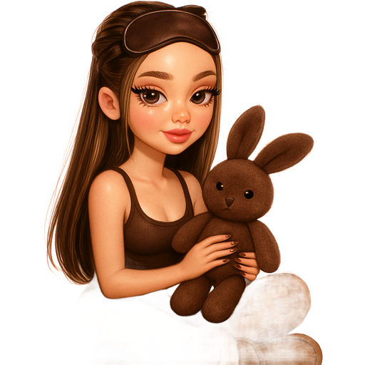 sleek cartoon luxury glam, mini plush Bratz-doll aesthetic, cinematic glow, crisp clean detail, glossy glam skin. brown eyed skinny Petite girl, fair skin with soft freckles, wide face with tall forehead, honey-brown almond wide-set upturned eyes, fluttery lashes, shimmer highlight, plush lips, bottom heavy lip, sweet Belle-princess vibe, medium-long brunette hair with visible caramel highlights, hair sleek straight half up in dark brown bow ribbon. softly defined feminine body, soft hourglass shape with full round bust, tight dark brown scoop neck cami, wide legged plush beige minimalist milk chocolate teddy bears patterned pants with thin drawstrings, ugg boots. sitting, full side body view. peachy-pink blush with shimmer highlight, glossy lips, sleek dark brown almond nails. holding dark brown jellycat brand bunny. silk dark brown sleep mask. Cozy romantic glow, soft warm lighting, pop-princess energy