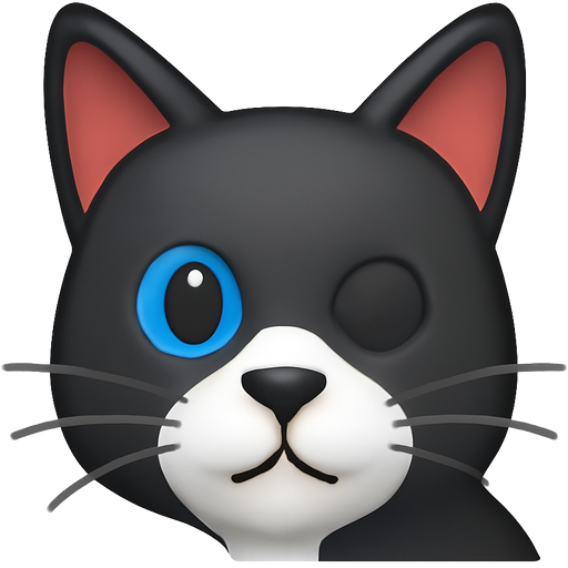A black cat with a blue left eye and a borren right eye, with a white patch on its right side and a white muzzle