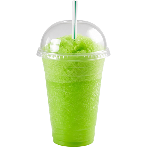 Green Apple Lime Soft Shaved Ice Slushie in a White Plastic Cup and Plastic Dome Lid with a Straw Mixed in with Extra Syrup