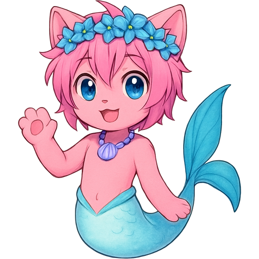 cartoon Male pink anthro cat with pink hair blue flower crown with light purple shell necklace long cyan and white mermaid tail with blue fins artistic creation, beautiful art
