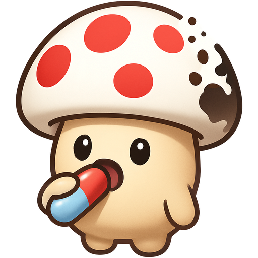 A little mushroom man with cute little eyes and a white mushroom head with red spots eating a pill and part of his mushroom hat is disappearing