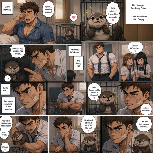 very lifelike and Detailed anime comic Story about of a Bulky ANIME Cute Bara Man American 20 year old with a ROUND and BASIC facial structure and Young Adult BARA CUTE that is Peach Toned skin not anything else MALE not to detailed With bigger than average Pecs that are visible through the shirt and Biceps and a big Bandaid on his nose and Left Cheek and Right Eye brow with Scars all over his Chest and arms. Wearing a school uniform and pants, drenched in sweat and Short and Brown strait Fluffy Hair and Strait with brown eyes and black eyebrows with a Three finger Slash on his Eyebrow and Makes Girls blush when they walk by him. With no Facial Hair. Waking up in the morning in pajamas and his class pet Sea Baby Otter in his cage that has a crush on him and Deeply in love with him with a collar but Excessively Bullies it. And one day him and the otter are alone in the classroom and The Otter is in his cage and asks if he can cuddle with him and he says sure but turns on him and Bullies him. And later in class, he taught the otter by winking at him and the otter thinks he actually likes him, but he makes a mad face at the otter and the otter then realizes he doesn’t like the Otter.