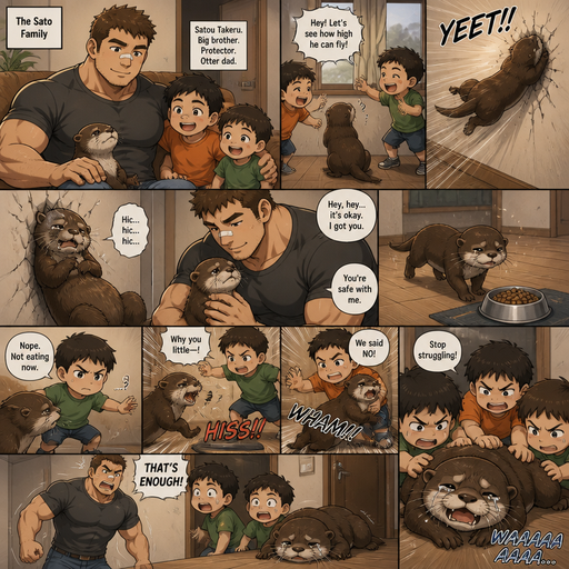 A DETAILED AND LIFELIKE ANIME Comic Book story view of a Bulky but Muscular ANIME Cute Bara Man With Peach toned skin Who looks Normal aind round facial Structure and Basic facial structure With Puffy and Big Pecs that are visible through the shirt and Biceps and Bandaid on his nose and Brown short hair that makes them look tough. Wearing normal With his pet Grown and healthy realistic otter and 2 little brothers that are in different ages but young. Then the otter flys to the wall from the little Brothers, and lays there and cries. And is comforted by the big brother again. And tries to walk to his Bowl of Food but one of the brothers stops and he doesn’t make it. And the otter defends himself and then cries when he’s outmatched a looses