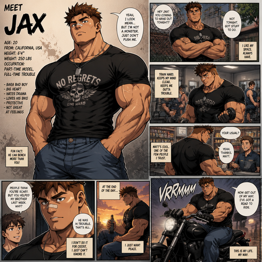 A Full page Anime Comic book story about of a masculine and Bulky and Buff and Huge and Incredibly Muscular Intimadating anime Cute Bara Man American 20 year old BARA CUTE MALE not to detailed With bigger than average Pecs that are visible through the shirt and Biceps and a big Bandaid on his nose. Wearing a no piercings Modeling a tuff bad boy shirt that’s tight around the waist and Baggy jeans dog tag and brown Hair and Bright brown Hair Tips and Strait is wearing a Motorcycle haircut with brown eyes and With a Manly Big Face.