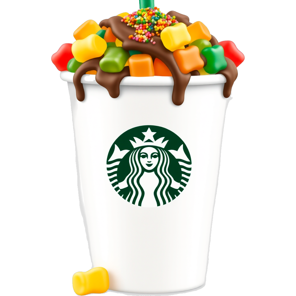 Candy-coated Starbucks cup overflowing with rainbow gummy bears and chocolate drizzle, topped with a sprinkle of colorful sour powder. The logo is crafted from caramel and chocolate, while the cup features a swirl of licorice and mint-flavored jelly sticking out as a straw. Sweet and delightful! π¬βοΈβ¨