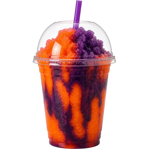 Halloween Shaved Ice Slushie in a Plastic Cup and Plastic Dome Lid with a Straw Mixed in with Extra Syrup and it’s Orange and Dark Purple