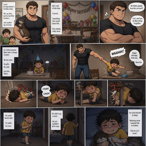 A DETAILED AND LIFELIKE ANIME LONG Comic Book story view of a Bulky but Muscular ANIME Cute Bara Man With Peach toned skin Who looks Normal aind round facial Structure and Basic facial structure With Puffy and Big Pecs that are visible through the shirt and Biceps and Bandaid on his nose and Brown short hair that makes them look tough. Wearing normal With his pet Grown and healthy realistic otter and 2 little brothers that are in different ages but young. At the baby brother‘s birthday party And the baby on his birthday was left home alone with no one at his party and it was a prank from him with no one around to show that the baby isn’t loved And so he picks the little baby brother up at his alone Party by the arm and the baby brother fly’s into to the floor and cries but is to weak and the baby brother sits there coughing and gets up slowly. and he flies again to and hits his table leg, and he limps to bed and cries to sleep