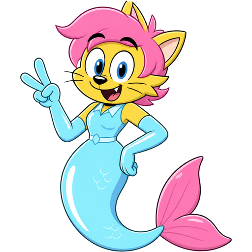 yellow boy cat furry with pink hair and light cyan very long rubber gloves light cyan dress tucked in light cyan mermaid tail with white highlights with pink tail fins (t.u.f.f puppy)