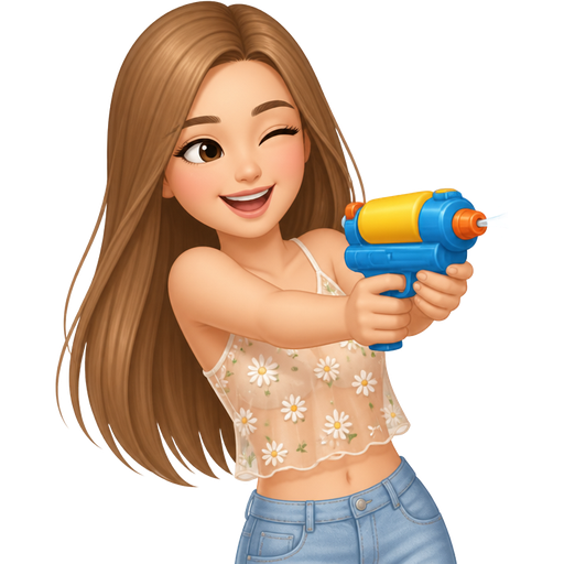 light skin woman with long straight caramel brown hair wearing a summer illusion top having a water fight