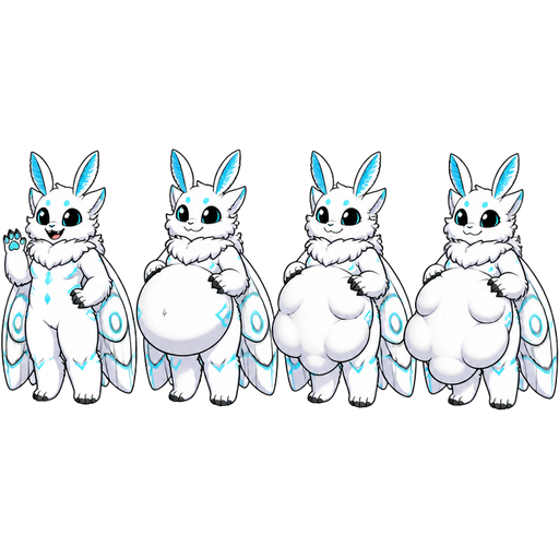 snow moth furry with cyan highlights
next to snow moth furry with cyan highlights with full belly next to snow moth furry with cyan highlights with lumpy full belly with 4 bulges outwards next to snow moth furry with cyan highlights with lumpy full belly with 5 bulges outwards sprites (cute cartoon clipart)