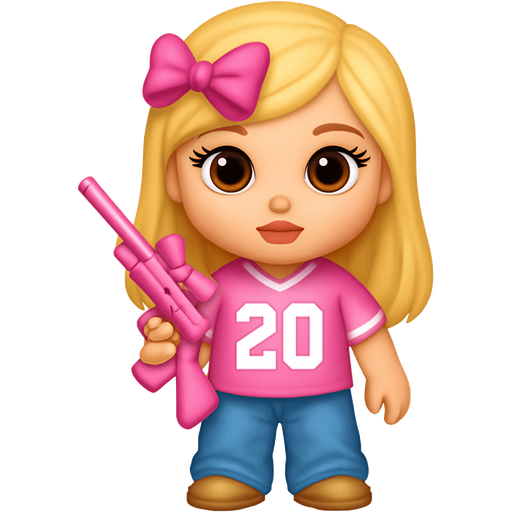 Brats doll with brown eyes blonde hair and a pink jersey with the number 20 in white and baggy jeans holding a pink gun with a bow on it