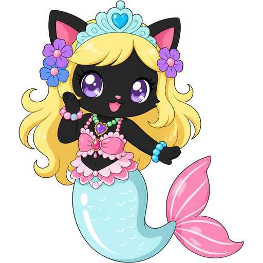 black cat with light yellow hair purple and blue flowers light cyan crown purple and green necklace pink and blue bracelets pink dress attached to long light cyan mermaid tail with white highlights with pink tail fins with white highlights ( based on Garnet (Jewelpet)