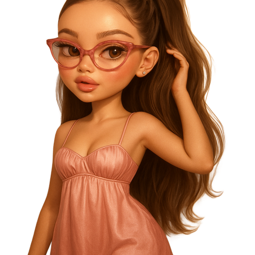 luxury glossy bratz-doll romantic aesthetic, warm cinematic glow, crisp clean detail, glossy glam skin. brown eyed Petite girl, fair skin with soft freckles, long wide face with tall forehead, honey-golden almond wide-set upturned eyes, attached ear lobe, fluttery lashes, shimmer highlight, plush lips, bottom heavy lip, sweet Belle-princess vibe, long straight brunette hair with visible light blonde highlights, softly defined feminine body, soft hourglass shape with full round bust, wearing warm blush pink satin spaghetti strapped puffy babydoll dress cut puff under bust, light warm taupe suede pointy-toed over-the-knee stiletto boots, gold studs, warm blush pink cat-eye, rose highlighted inner-corner, glossy warm blush cheeks, soft warm blush plush lips, soft waved ponytail with scalp-braid going toward pony, she’s leaning up against a wall smoothing out her ponytail. Cozy romantic glow, soft warm lighting, pop-princess energy