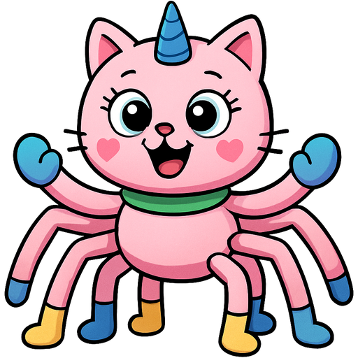giant pink cat spider hybrid with blue unicorn horn green collar blue eyes with eyelashes heart shaped cheeks white wrists blue hands blue pink spider legs with yellow socks and blue socks cartoon character happy