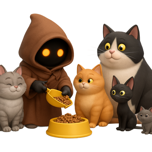 A cute Jawa is scooping cat food from a yellow bucket into a bowl of cat food. He is surrounded by a fat grey tabby cat, a fat orange cat, a large black and white cat, a skinny black cat, and a small solid gray cat