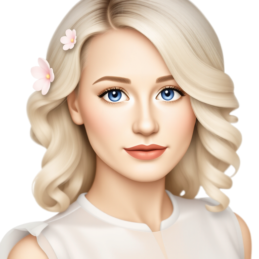 A pastel-themed woman with soft blonde hair styled in whimsical waves, her big beautiful blue eyes twinkling like the sky, adorned with delicate pastel flower clips. She wears a flowing pastel cloud-patterned dress, and her makeup glows with subtle pastel hues, radiating a dreamy, serene vibe.