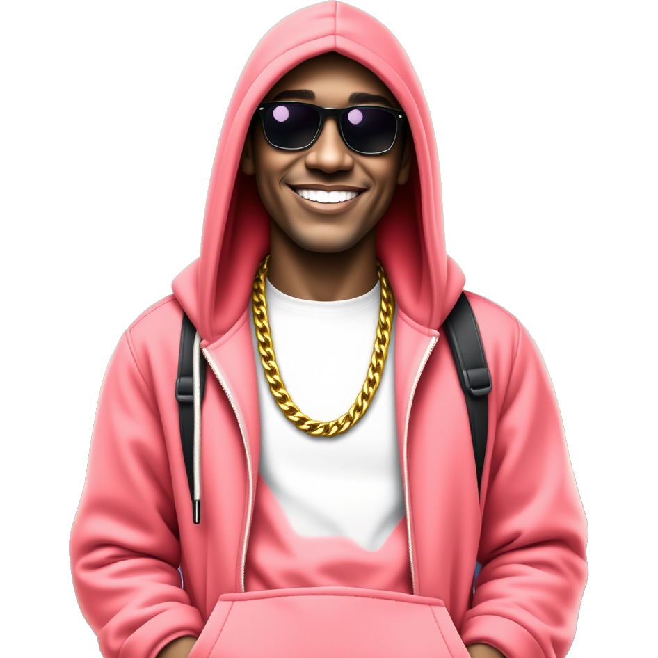 Create a high-energy, urban-styled character wearing bright streetwear, including a hoodie and gold chain. They are smiling and giving off confident, fun vibes, standing in front of a blue and gold neon-lit background. The overall energy is lively, fun, and ready to party.”