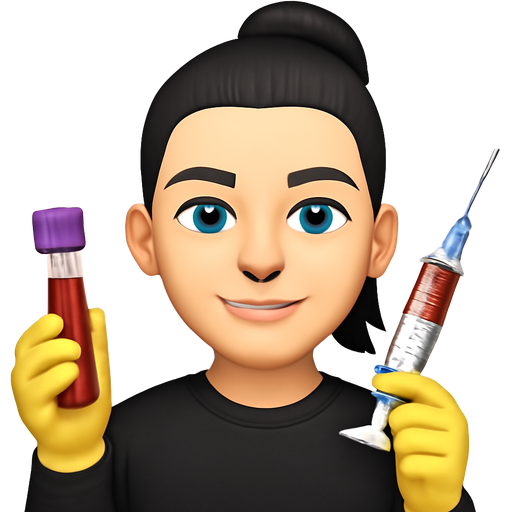 Phlebotomist with a thin septum nose ring, holding a purple top vial of blood and a syringe, with nose ring, black sweatshirt,black hair, top ponytail, white skin, arched eyebrows, light blue eyes