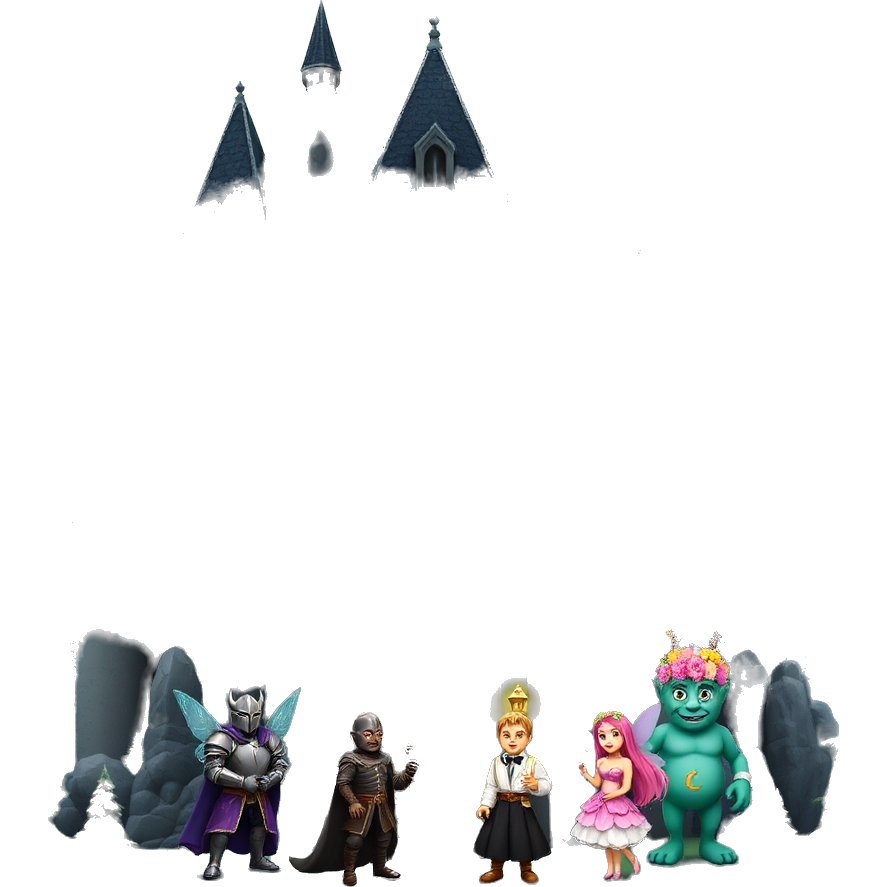 “Hazbin Hotel” becomes an enchanted castle hidden in a mystical forest. Its windows glow with magical runes, and the rooftop is adorned with shimmering crystals. The characters wear whimsical attire—devilish knights in cloaks of starlight, airy fairies flitting about, and friendly monsters donning flower crowns, all celebrating in a magical ball.