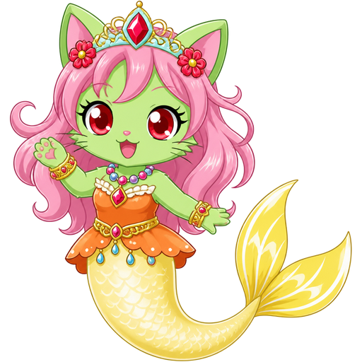 green cat with light pink hair red and flower light cyan crown pink and blue necklace golden and golden bracelets orange dress attached to long light yellow mermaid tail with white highlights with yellow tail fins with white highlights (jewelpet anime)