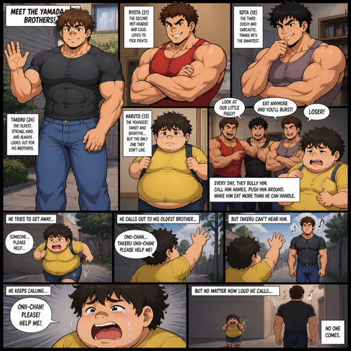 A Full Body Comic Book story view of a Bulky and hunky ANIME Cute Bara Man With Peach toned skin Who looks Normal and round facial Structure and Basic facial structure With Puffy and Big Pecs that are visible through the shirt and Biceps and Bandaid on his nose and Brown and fluffy hair. Wearing normal clothes. And the comic introduces each of his 2 Cute brothers and chubby little brother each with different personalities and all Beefy and Hunky. And the boys don’t like the youngest cause he’s fat and they excessively bully him. And calls for the oldest’s help but can’t her him. And then when he tries to call for the oldest to help.