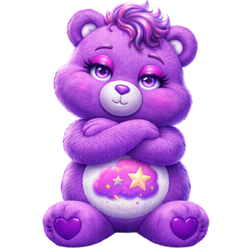 Stormy Heart Iris Purple Care Bear Wearing Pink Eyeliner with a few Eyelashes on the Eyelids with Small White Stars in the Pupils of the Eyes and Dark Purple on the Inside of the Ears with a Pink Sailboat on a Reflection of Amethyst Purple Ocean Water with the Midnight Sky being Dark Purple with Lilac Wind with Plum Purple, a Small white Cloud Covering a small portion of it and a Pink Cloud with a Hot Pink, Light Pink and White Star on the Stomach with Purple and Pink Tuft of Hair while Folding their Arms and Rolling their eyes with Purple Hearts on the Feet