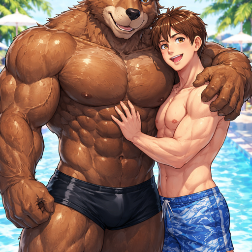 A Full BODY and FACE of a Muscular and Buff and a Gigantically Muscular with Chunky Gigantic Pecs AND biceps and a BIGGER head with the Perfect Waist. VERY Masculine and handsome Anime Bara Furry Grizzly Bear with a Very Good-looking and Mature Face and brown eyes with a wrestler type body. Dressed in a normal sized Swimsuit. At a pool party. With his Human Boyfriend. Hugging him