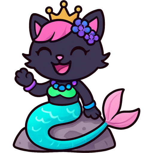 happy black cat with pink hair purple and blue flowers golden crown purple and green necklace pink and blue bracelets green swimsuit top long cyan and white mermaid tail with pink fins sitting on a rock happy tree friends style