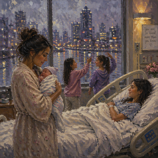 give me the Mom holding the baby while the daughter is laying in the hospital bed well her other two daughters are making a dance video with her phone with a with a rainy city view