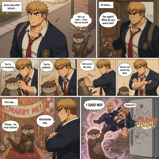 Comic book story about of a Bulky and Beefy and every Muscle is bigger than average and less shredded or muscular with Chunky and Bulky chest and Biceps and his defined abs ANIME Cute Bara Man American 20 year old with a ROUND and BASIC facial structure and Young Adult BARA CUTE that is Peach Toned skin not anything else MALE not to detailed With bigger than average Pecs that are visible through the shirt and Biceps but slim and Athletic Lower body that makes have a V-Tapper Lower Body and a big Bandaid on his nose and Left Cheek and Right Eye brow with Scars all over his Chest and arms. Wearing a no piercings Wearing a baggy School Uniform and tie with Blazar and Pants and yellowish Brown Hair and Bright Light Brown fluffy Hair and Strait with brown eyes and black eyebrows with a Three finger Slash on his Eyebrow. With no Facial Hair. Coming home from School with his Pet Otter that has a Collar and has a Huge Crush on him but he doesn’t like the otter back, at his house waiting at the door and excessively Bullies it all day. And he the otter always gets disciples. And the otter on day creates a huge ceremony to marry him and he says no and the otter flies him to the fridge