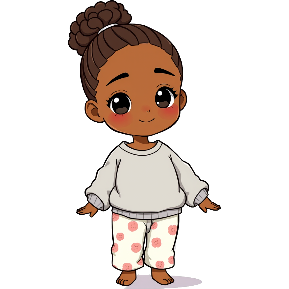 cute japanese chibi art of 23 year old Light brown skinned African American woman with her naturally curly hair in a bun wearing a light grey sweatshirt and printed pajama pants on a white background