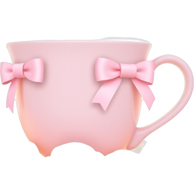 "Soft pastel pink cup adorned with delicate bows, resting on fluffy clouds, glowing in warm, dreamy sunlight."