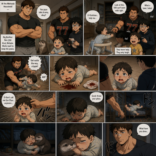 A DETAILED AND LIFELIKE LONG Anime Comic Book story view of a Bulky but Muscular ANIME Cute Bara Man With Peach toned skin Who looks Normal aind round facial Structure and Basic facial structure With Puffy and Big Pecs that are visible through the shirt and Biceps and Bandaid on his nose and Brown short hair that makes them look tough. Wearing normal With his pet Grown and healthy realistic otter and 2 little brothers and baby that are in different ages but young. At the house but the baby has a problem walking, the other is strong and buff and bulky and a jock and a huge nerd. and never help the baby and always let it fail. And they Hate the baby, and one day the baby flys to the floor from one of the brothers and red comes from the baby’s nose and is on the floor and stained a shirt. and the baby looks up at the brothers and tears filled his eyes. And the baby’s face jerks to the left from him. and he tells him to stop calling him any oni-Chan.and he lowers his head To his brother. and the baby flirs into the floor In it’s room from his grasp. And the baby has the otter to comfort him, but it‘s still sad.