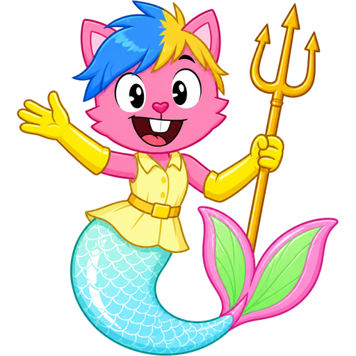 pink boy cat furry with blue and yellow hair and yellow very long rubber gloves holding a golden trident yellow dress tucked in light yellow and light cyan mermaid tail with white highlights with pink and green tail fins with pink highlights (happy tree friends)