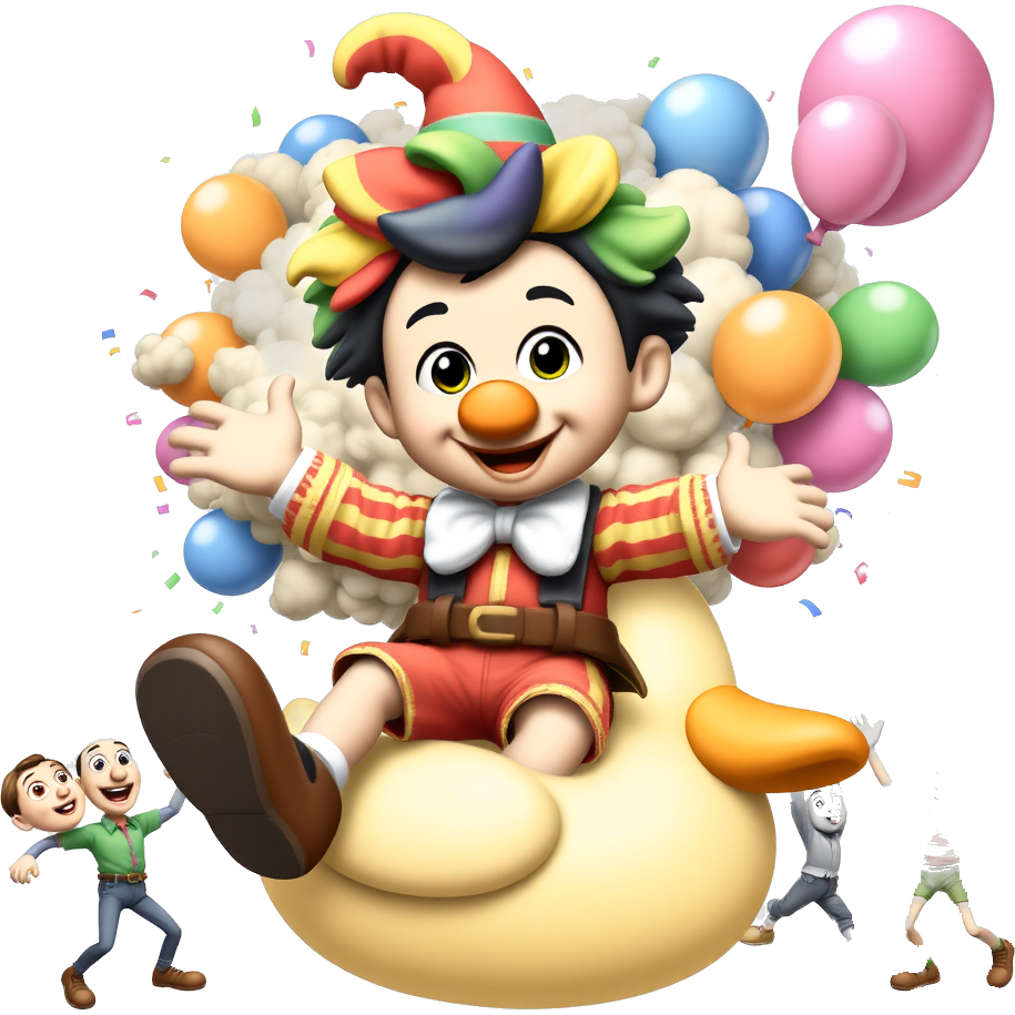 Silly Pinocchio in a wacky clown outfit, oversized shoes, and a rainbow wig, bouncing on a giant rubber duck. His nose hilariously stretches into confetti as a cartoon bomb explodes with balloons and laughter, while goofy, googly-eyed puppets dance around in joyful chaos! ๐๐คก๐ฅ
