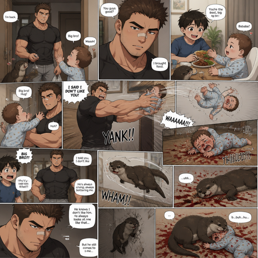 A DETAILED AND LIFELIKE LONG Anime Comic Book story view of a Bulky but Muscular ANIME Cute Bara Man With Peach toned skin Who looks Normal aind round facial Structure and Basic facial structure With Puffy and Big Pecs that are visible through the shirt and Biceps and Bandaid on his nose and Brown short hair that makes them look tough. Wearing normal With his pet Grown and healthy realistic otter and 2 little brothers that are in different ages but young. he hates the baby but not the other brother and the baby flies to the floor from him, and red comes from the baby’s nose and all around the floor with cute pajamas and the baby knows he doesn’t like him. and the otter gets sad, but the otter flies to the wall too from him and lays there and weakly crawl to the baby and they lay together