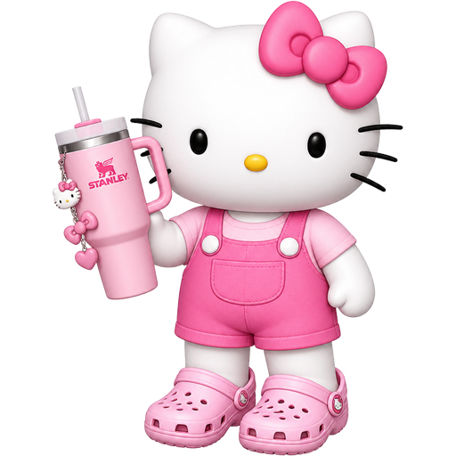 Hello kitty full body wearing crocs holding a pink Stanley drinking cup with a handle, straw and cute charms