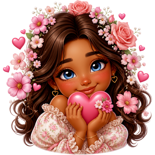 Cute!!!!! Hearts flowers love shack fancy brown hair blue eyes brown skin harts in hands wi the flower all around her head