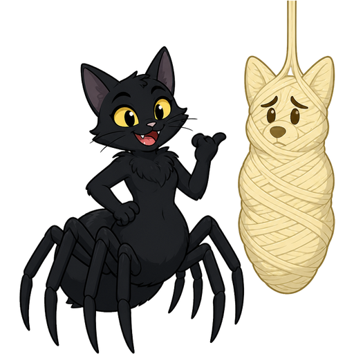 black anthropomorphic cat drider hybrid smiling next to #FFF4A6 completely covered spider cocoon mummified completely covered anthropomorphic corgi worried with #FFF4A6 spider slik wrappings completely covered hanging