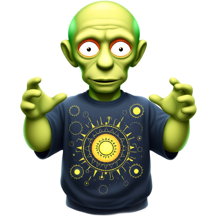 An extraterrestrial Simpson elder, donned in a glowing, oversized sci-fi tee emblazoned with cosmic patterns, hovers before me, ready to embrace. After consuming a radiant green pill, their skin shimmers with alien hues, and they attempt to communicate a profound message through vibrant holographic gestures. 🛸👽✨
