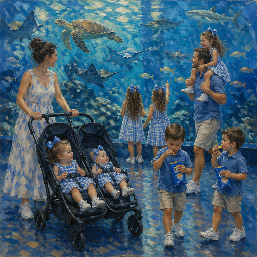 Give me a mom pushing her toddler and baby inside a double stroller the toddler and baby are both wearing blue picnic pattern dresses and blue bows and white shoes and the two other daughters are looking at the sea animals and the two sons are eating chips and the Dad is giving his other daughter a piggyback ride and they’re in the aquarium