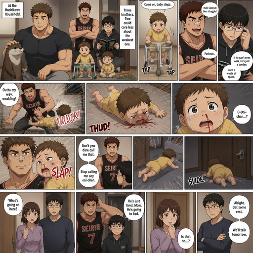 A DETAILED AND LIFELIKE LONG Anime Comic Book story view of a Bulky but Muscular ANIME Cute Bara Man With Peach toned skin Who looks Normal aind round facial Structure and Basic facial structure With Puffy and Big Pecs that are visible through the shirt and Biceps and Bandaid on his nose and Brown short hair that makes them look tough. Wearing normal With his pet Grown and healthy realistic otter and 2 little brothers and baby that are in different ages but young. At the house but the baby has a problem walking, the other is strong and buff and bulky and a jock and a huge nerd. and never help the baby and always let it fail. And they Hate the baby, and one day the baby flys to the floor from one of the brothers and red comes from the baby’s nose and is on the floor and stained a shirt. and the baby looks up at the brothers and tears filled his eyes. And the baby’s face jerks to the left from him. and he tells him to stop calling him any oni-Chan.and he lowers his head To his brother. and the baby flies into his room from them and slides on the floor and lock the door. And the parents come in and they lie and say that he’s going to bed.