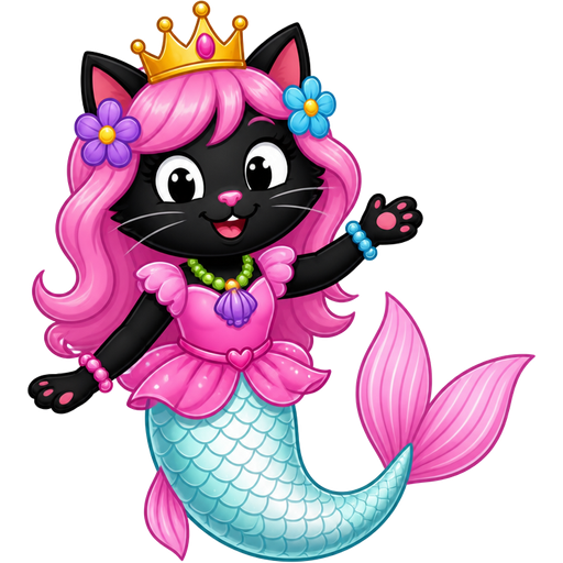 black cat with pink hair purple and blue flowers golden crown purple and green necklace pink and blue bracelets pink dress attached to long light cyan and white mermaid tail with pink fins based on princess mindy spongebob squarepants
