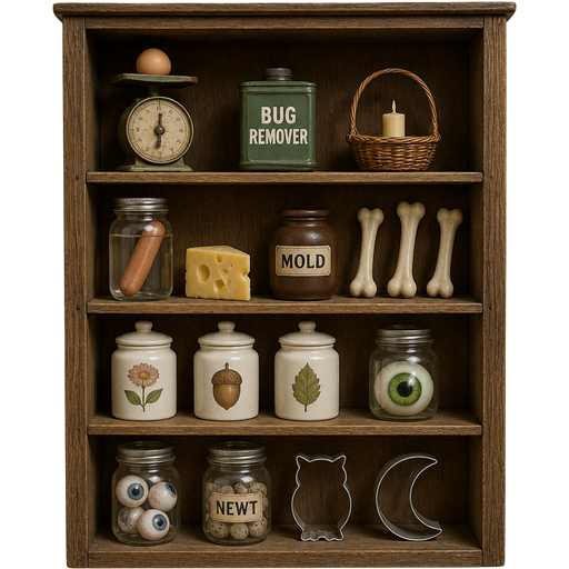 wooden cupboard with 4 wooden shelves with egg on old scale tin can texted bug remover basket of one candle 3 bones
hot dog in jar cheese brown jar of mold texted on it jar with picture of flower on it jar with picture of acorn on it jar with picture of leaf on it giant green eyeball in jar four eyeballs in jar newt eggs in jar with texted newt on it owl cookie cutter moon cookie cutter