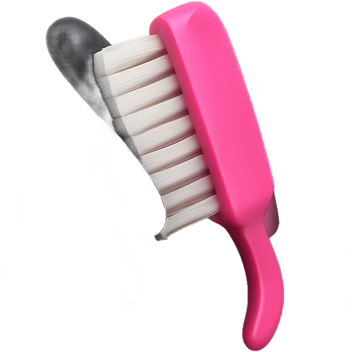 Black Gloved Hand with Pink Nail Brush 3D iOS-style emoji of black latex gloved hand holding a small nail brush with pink handle (#F2107A) and white bristles, soft lighting, realistic detail, transparent background.