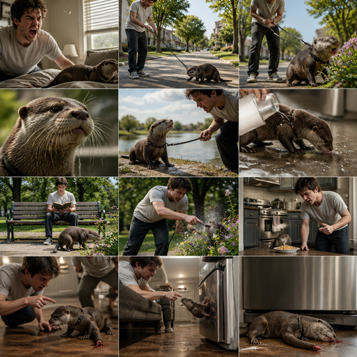 Waking up in the morning on a Sunny day and no cin pajamas and his pet otter but Excessively bully’s it. in the neighborhood and the Otter wants to stop and sniff a flower but he yanks the leash and the Otter coughs up Saliva and the otter asks if he can sniff a drink water from the lake but he’s says no and gets dehydrated and he pours what we on the floor and the otter licks it but it’s to hot. But They go to a park and he sits down and reads a book and can see the otter trying to secretly sniff flowers so he Excessively bullies him. Then later Every food the otter doesn’t eat there are is discipline. and asks for some and the looses a tail and tries to run under the couch but stops him. And the otter Receives Discipline that. And hides under his Doggy bed and gets discovered and thrown at the fridge and then the otter lays there