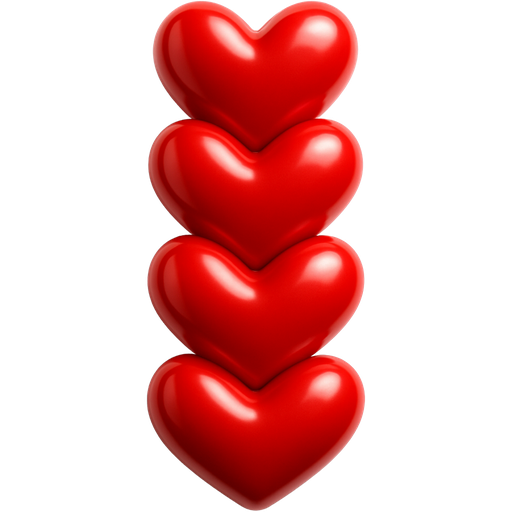 Five 3D hearts stacked vertically, slightly overlapping each other, should look realistic and with very high shine
