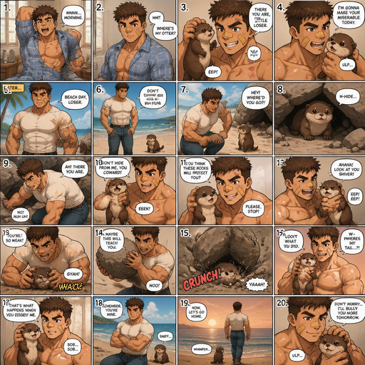 Anime Comic book story that’s a detailed Picture by Picture about of a Bulky ANIME Cute Bara Man American 20 year old with a ROUND and BASIC facial structure and Young Adult BARA CUTE that is Peach Toned skin not anything else MALE not to detailed With bigger than average Pecs that are visible through the shirt and Biceps and a big Bandaid on his nose and Left Cheek and Right Eye brow with Scars all over his Chest and arms. Wearing a white shirt that is tight around the waist and Jeans drenched in sweat and Short and Brown strait Fluffy Hair and Strait with brown eyes and black eyebrows with a Three finger Slash on his Eyebrow. With no Facial Hair. Waking up in the morning in pajamas and his pet baby Unathletic otter but Excessively bully’s it by holding his collar around his neck. And then they go to the beach and try’s to hide under the rock and he finds the otter and then looses his tail from a boulder Excessively bully’s him more