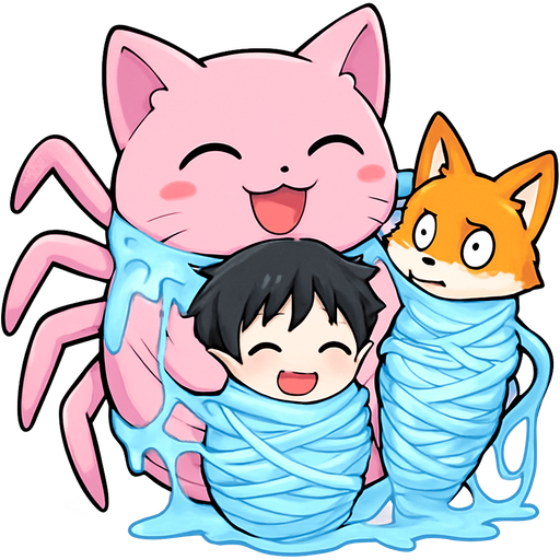 a happy giant pink cat spider hugging #B8FFFF slikworm cocooned pod black haired boy happy covered with #B8FFFF huge coating of #B8FFFF slik and #B8FFFF slik wrappings and #B8FFFF webbing#B8FFFF slikworm cocooned pod orange vixen confused covered with #B8FFFF huge coating of #B8FFFF slik and #B8FFFF slik wrappings and #B8FFFF webbing